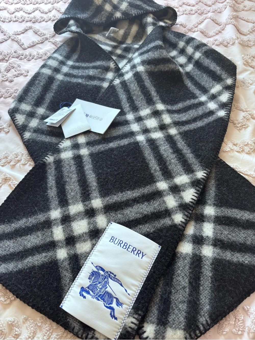 Authentic Burberry Black and White Plaid Hooded Scarf